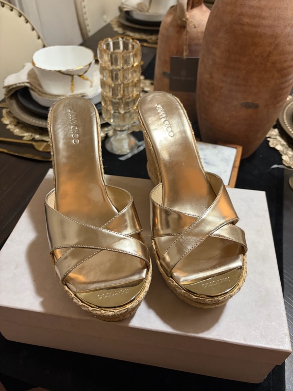Jimmy Choo Gold Metallic Leather Espadrille Wedge Mules